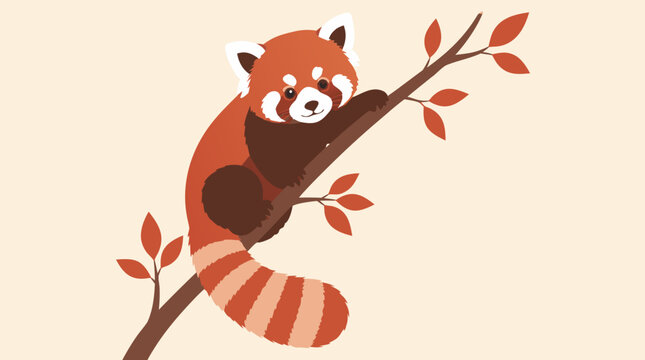 Adorable red panda climbing a slender leafy branch, warm rust cream vector illustration with striped tail for wildlife education, kids decor, zoo branding and charming nature designs