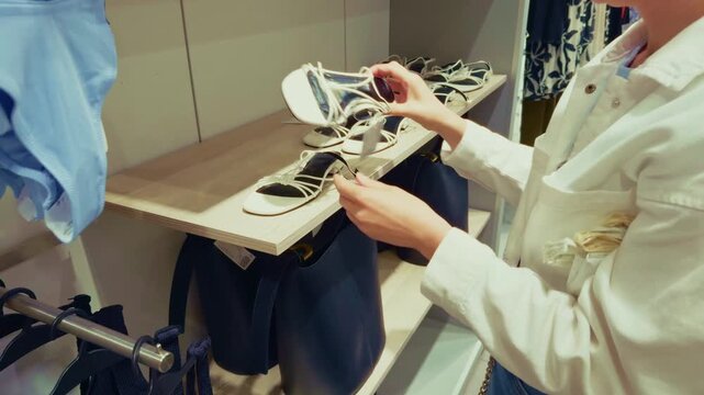 Customer Choosing Summer Sandals In Boutique. Shopping In Clothing Store