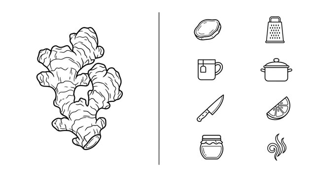 Ginger Root Illustration with Cooking Icon Set