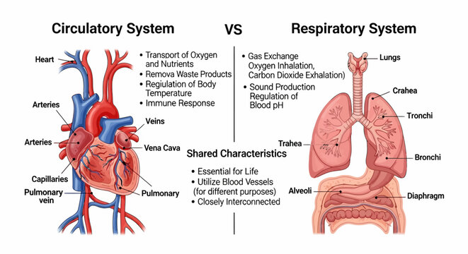 Comparison diagram of human circulatory and respiratory systems.