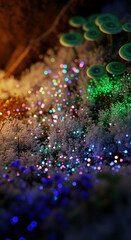 Obraz premium Enchanted forest floor with glowing mushrooms and sparkling bokeh lights, symbolizing magic, mystery, and fantasy