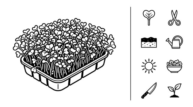 Microgreens Tray with Gardening Icons Illustration