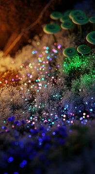 Enchanted forest floor with glowing mushrooms and sparkling bokeh lights, symbolizing magic, mystery, and fantasy