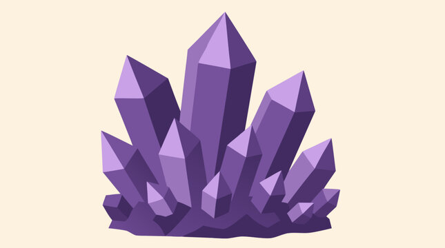 Radiant cluster of purple amethyst crystal points with faceted geometric prisms on warm cream background, flat vector mineral illustration for mystical branding, wellness decor and gemstone designs