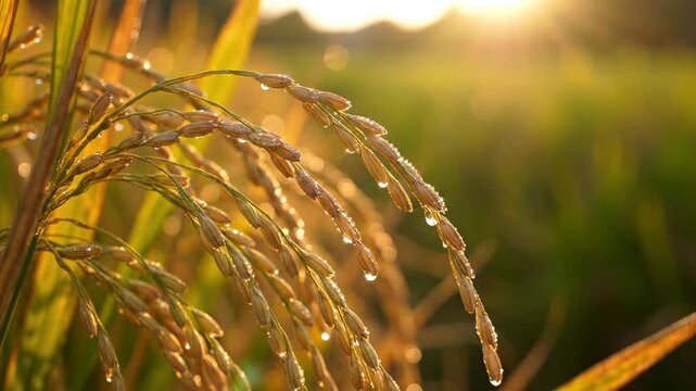 Rice stalks with dew drops swaying gently in golden sunrise light for agriculture and nature content