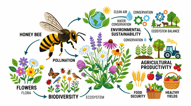 Bee on colorful flowers and plants.