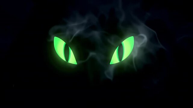 Glowing green cat-like eyes emerge from dark smoke, creating a mysterious and eerie atmosphere.