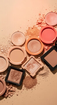 Assortment of powder makeup in neutral and coral shades, scattered powder texture, showcasing beauty products and cosmetic application, ideal for makeup tutorials or advertising