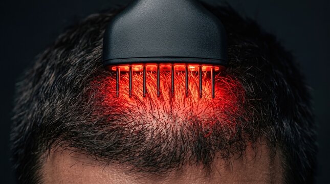 Close up of red light laser comb therapy on male scalp for hair growth stimulation