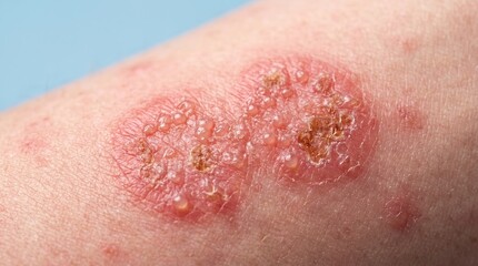 Fototapeta premium Macro close up of severe blistering red rash indicating shingles or poison ivy allergic reaction