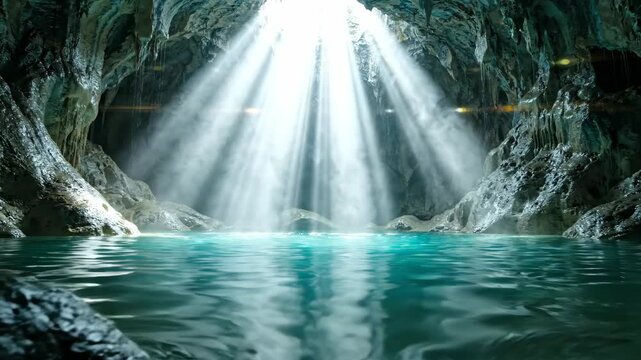 Sunlight rays streaming into mystical cave with turquoise water pool for nature and travel content