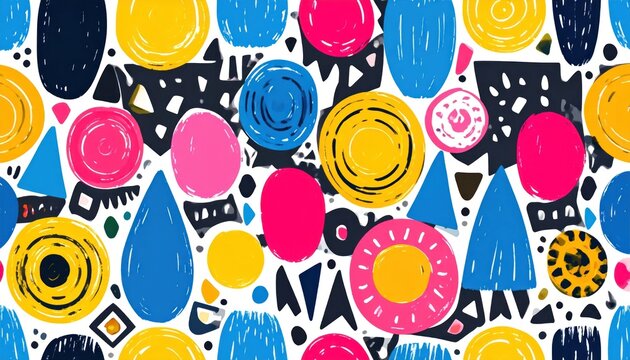 Bright hand-drawn abstract pattern with circles and triangles.