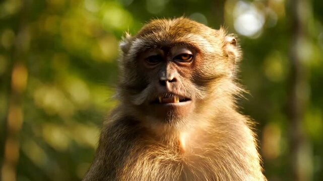 A curious wild macaque stares directly ahead while perched within the dense tropical foliage of a lush jungle habitat where sunlight filters through the canopy to illuminate its textured fur
