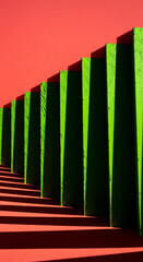 Fototapeta premium Abstract composition of vibrant green parallel bars casting dramatic shadows on a red surface, symbolizing growth, progress, and modern design