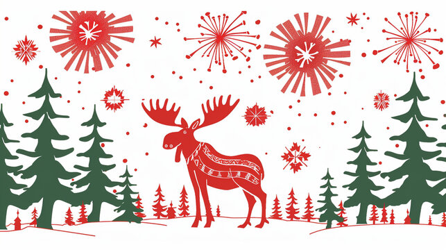 Naive child drawing of a cute moose in winter pine forest