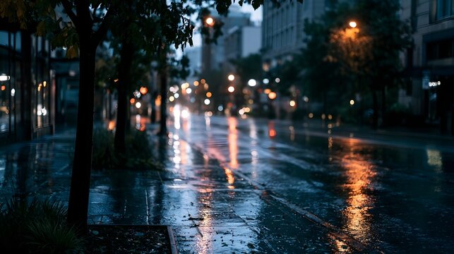 A wet city street at night reflecting warm lights from street lamps and distant vehicles under a dim sky
