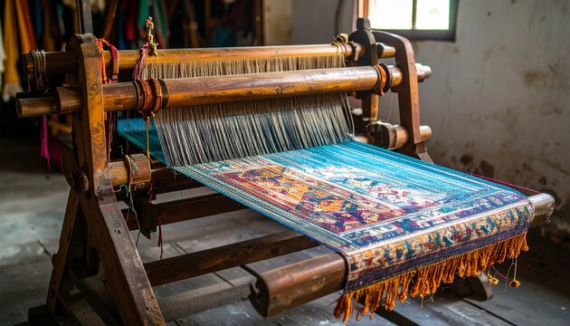 Traditional handloom weaving colorful fabric on wooden loom.