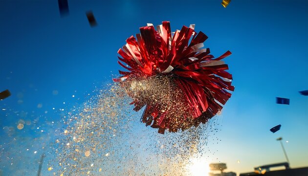 a cheerleading pom pom jumping in the air spreading sparkly confetti
