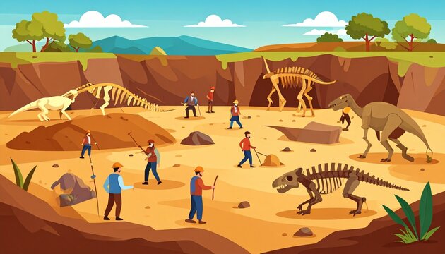 Prehistoric animals and humans in a Jurassic landscape.