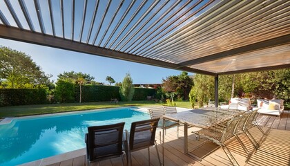 Fototapeta premium modern aesthetic aluminum patio cover with slats that open and close over the outdoor dining area of a house in france near a pool