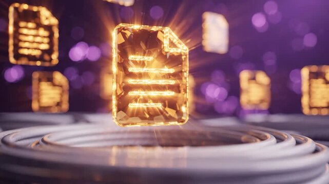 Glowing golden document icons floating and rotating on purple background for digital data concept