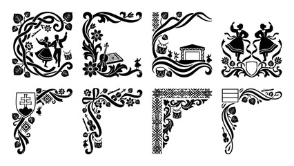 Fototapeta premium Traditional Slovak floral corner designs with dancers and symbols