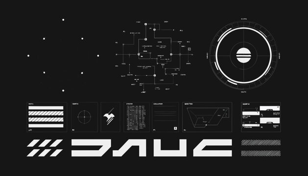 Futuristic HUD interface elements. Minimalist sci-fi vector icons for digital data display.