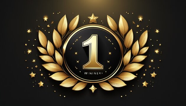 luxury gold winner badge with number one emblem on black background