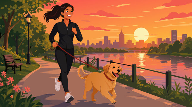 Woman jogging with a happy golden dog along a riverside path at glowing sunset, vibrant vector illustration of fitness, pet companionship, urban park skyline and active healthy living