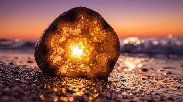 Glowing geode crystal illuminated by sunset light on ocean beach for nature and spiritual content