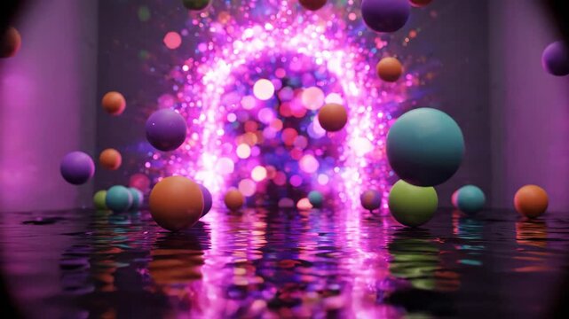 Colorful 3D spheres floating around glowing pink portal arch over reflective water for abstract intro