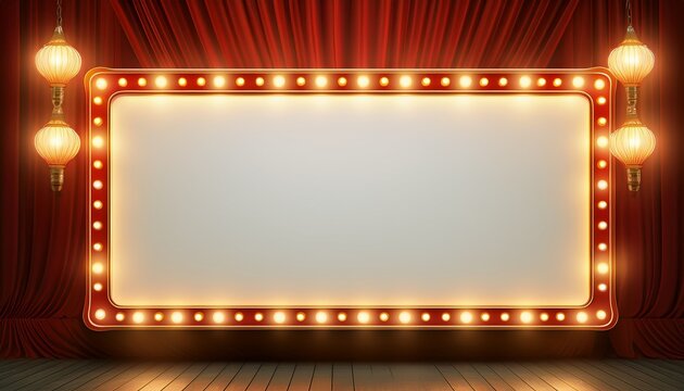 retro theater marquee sign with empty white board and shining light bulbs white background for text