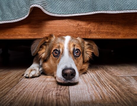 scared dog is hiding under the bed at home