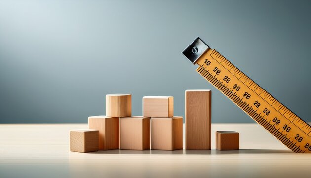 measuring success concept with wooden blocks and ruler on clean background