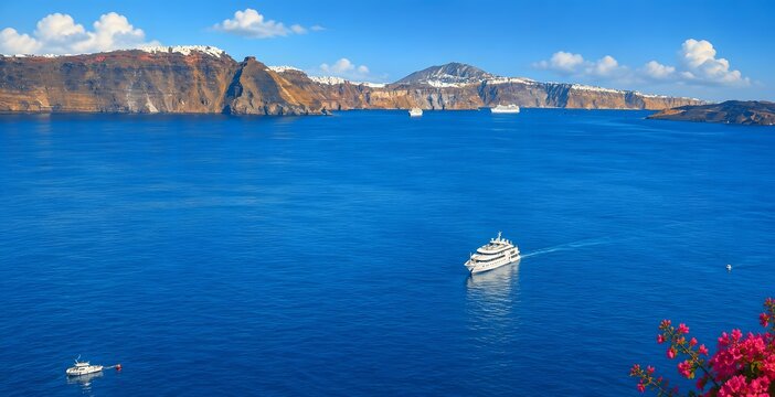 Panoramic View of Santorini Caldera with Luxury Yachts and Volcanic Cliffs, Greece.