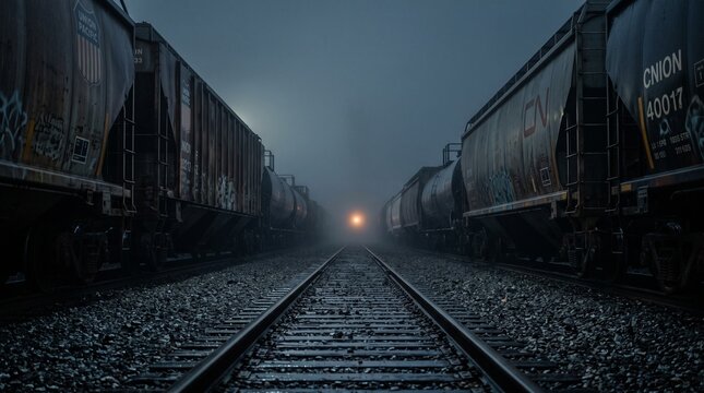 Industrial freight train cars sit stationary on parallel tracks during a dark foggy night while a distant glowing light shines through the thick heavy mist