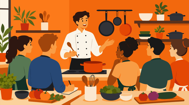 Friendly chef leads hands on cooking lesson in modern orange kitchen, explaining a simmering pot to seated students with vegetables, utensils and plants, culinary education vector illustration