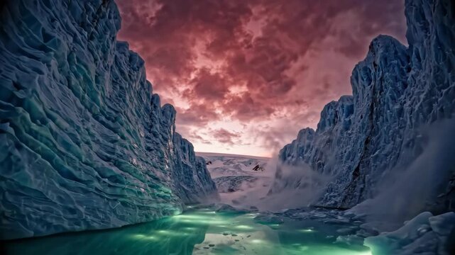 Glacial ice canyon with glowing turquoise water under dramatic red sky for nature and cinematic content