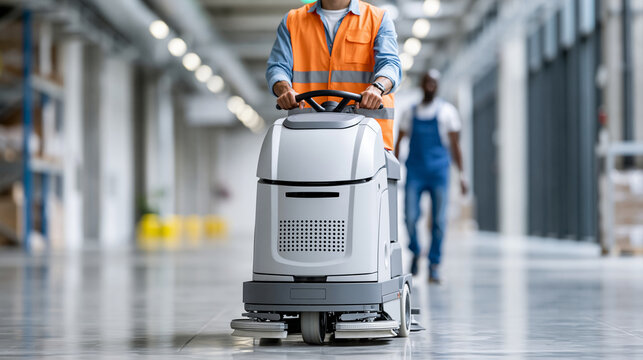 Faceless industrial floor scrubber operator navigating automated robotic cleaning machine through wide corporate warehouse corridor overnight, autonomous cleaning concept,