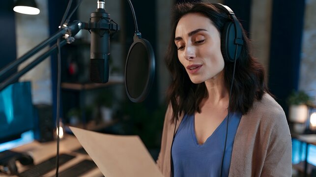 A professional voice actor records nar n inside a minimalist soundproof studio setting