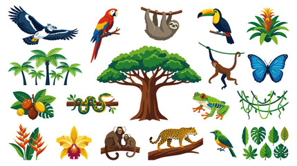 Fototapeta premium Rainforest Jungle Animals and Tropical Plants Flat Vector Illustration Set for Nature Wildlife Education