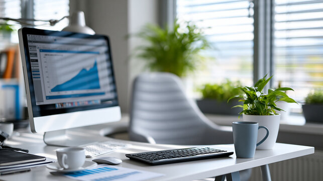Bright and modern office workstation with computer monitor displaying graphs near sunlit window with blinds, productive workspace concept, office photography, blurred window