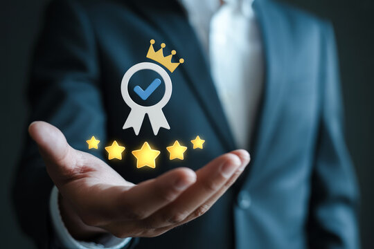 Business concept of top quality service rating with award and golden stars.