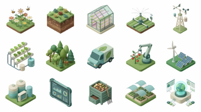 Isometric Green Energy and Sustainable Technology Icons.