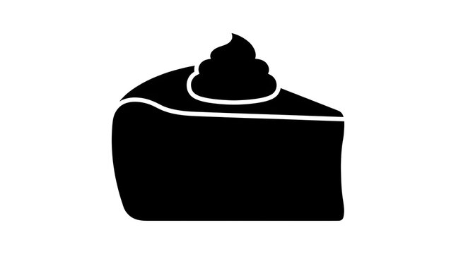 Simple black and white vector silhouette of a cheesecake slice topped with a dollop of whipped cream. Excellent for bakery logos and food icons.