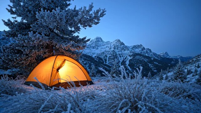 Glowing orange tent illuminated in snowy winter mountain landscape at dusk for outdoor adventure content
