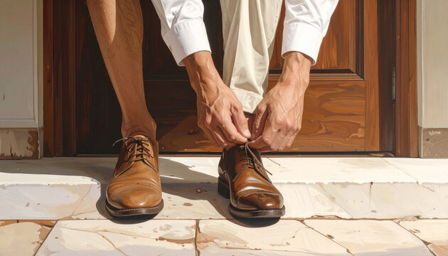 Man tying shoelace formal shoes