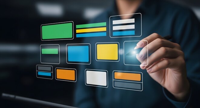 User interface design concept with interactive digital elements and hand interaction