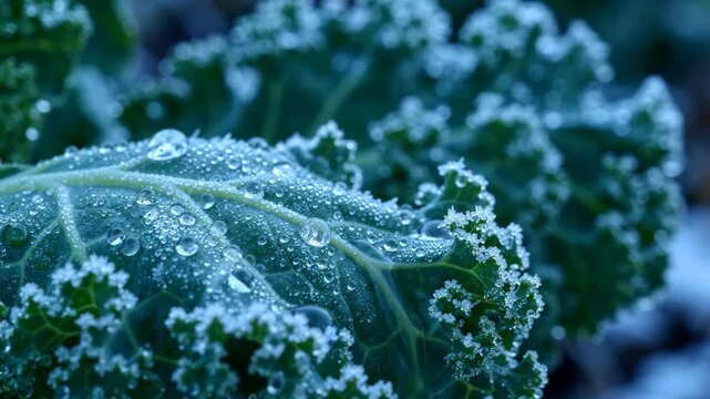 Frost covered kale leaves with water droplets glistening in cold winter garden for nature and food content