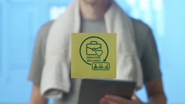 Man in athletic wear with a towel and tablet sticking a note with an employee wellness icon on a glass surface, symbolizing corporate health initiatives and staff wellbeing programs
